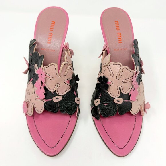 Vintage Miu Miu Y2K Mules Floral Pink Black Heels – Size 38.5 - Picture 2 of 9